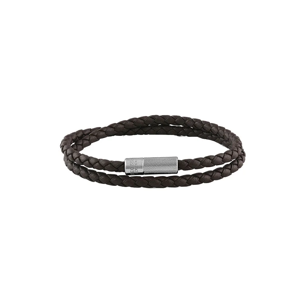 Sterling Silver Mens Wrap Braided Brown Leather Bracelet