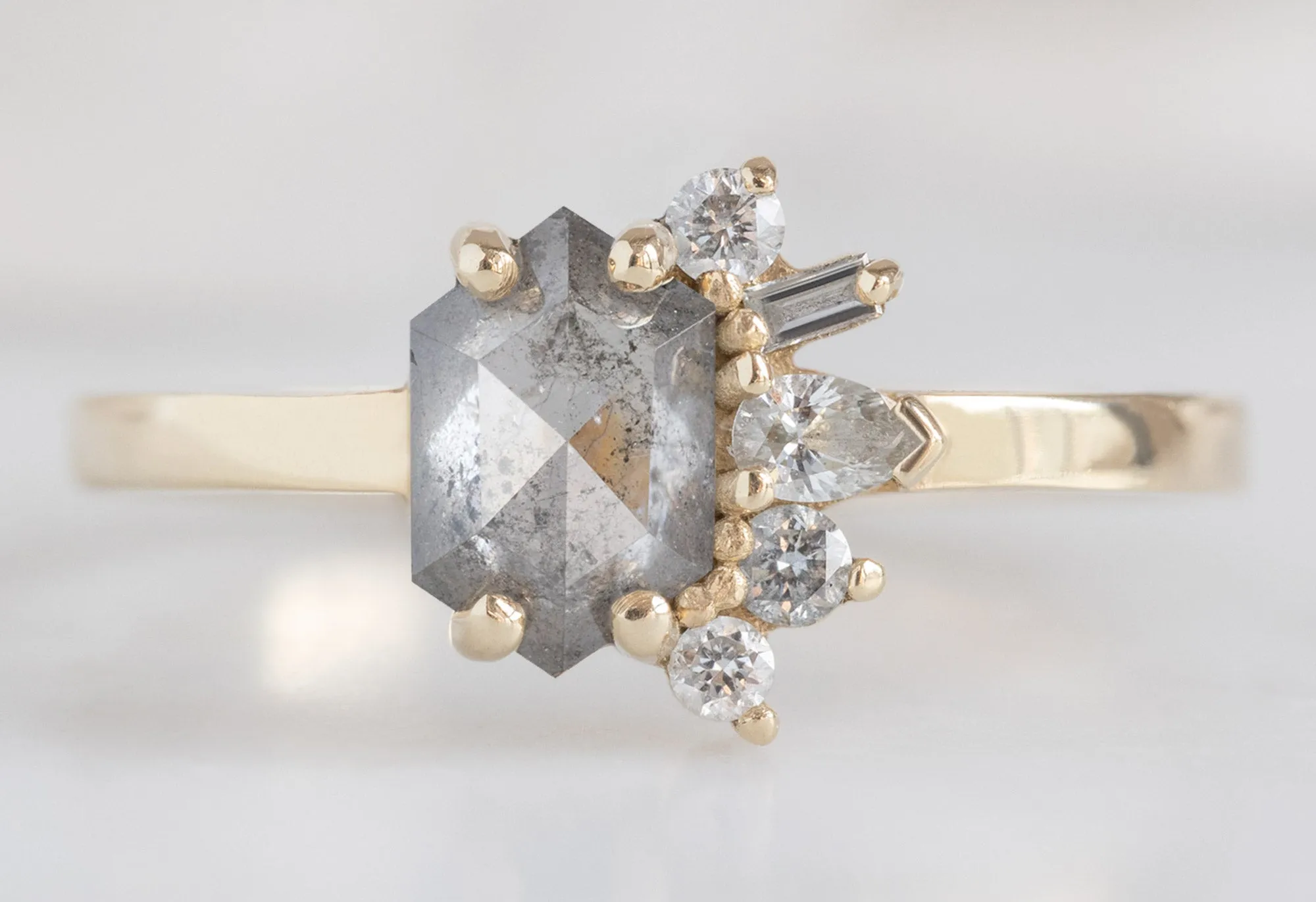 The Cluster Ring with a .54ct Salt and Pepper Hexagon Diamond