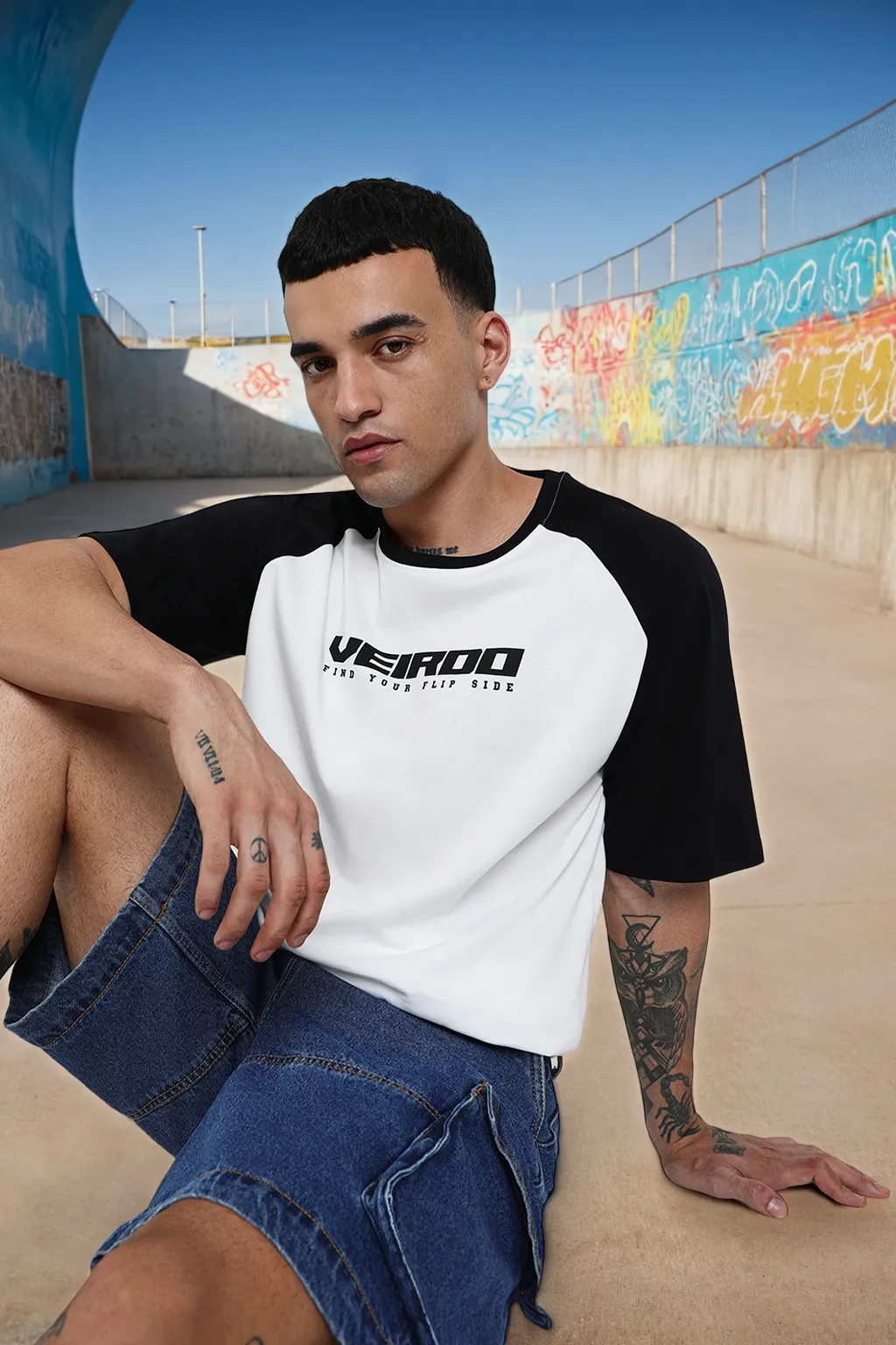 White-Black Raglan Oversized Typography Printed Tshirt