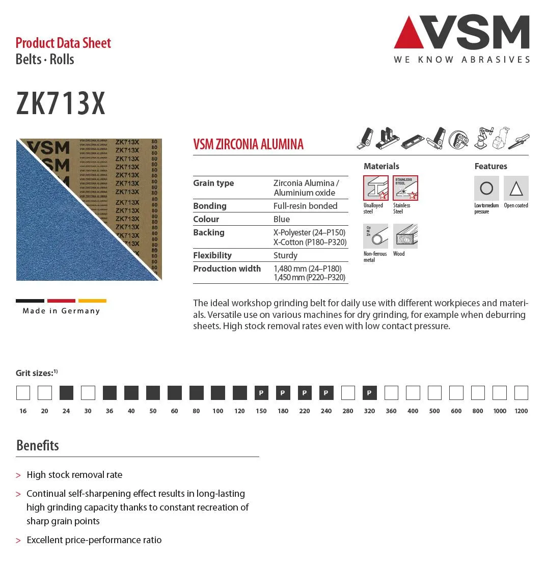 ZK713X, Zirconia Alumina, Cloth Backed, Cost-Effective Hybrid Abrasive Belts for Hardwoods and Metals, Grits #24 - #320